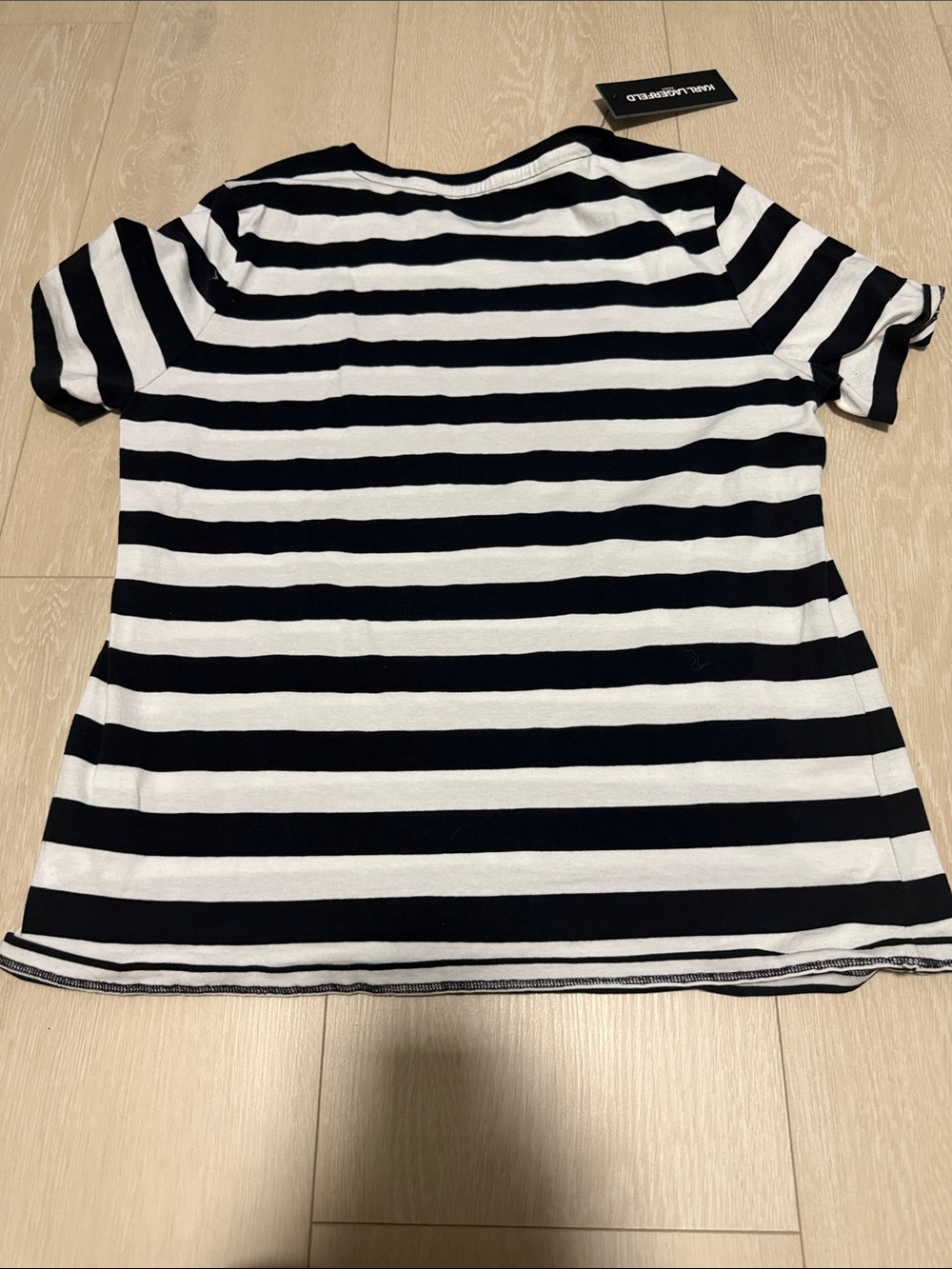 Karl Lagerfeld C’est Moi Black & White Striped Short Sleeve Tee with Red Graphic - Picture 8 of 8